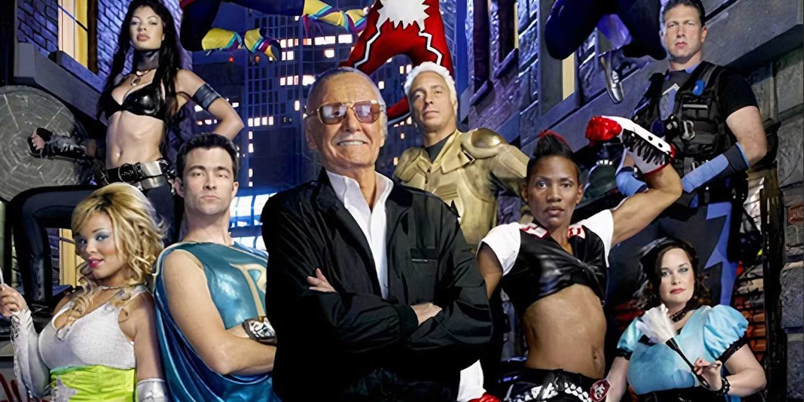 Stan Lee stands beside some contestants on the poster for 'Who Wants to Be a Superhero?'