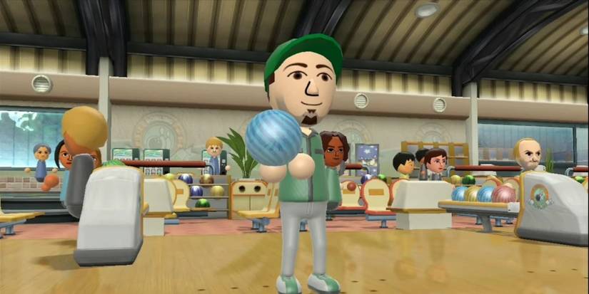 A Mii holding a bowling ball in Wii Sports