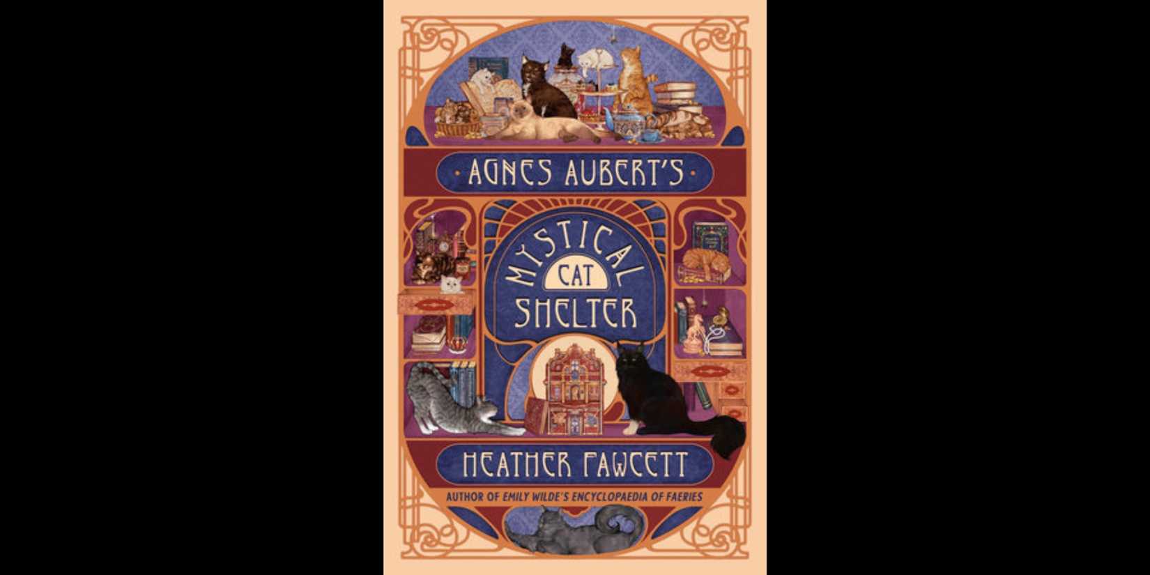 The book cover for 'Agnes Aubert's Mystical Cat Shelter' by Heather Fawcett. 