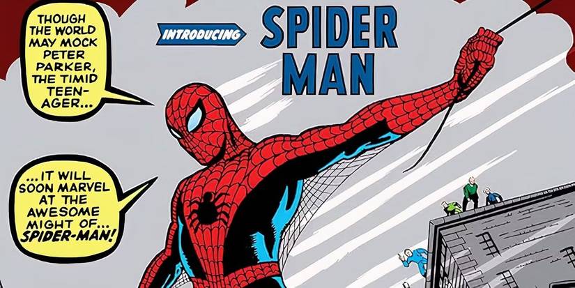 Spider-Man swinging on the cover of Amazing Fantasy #15 in Marvel Comics