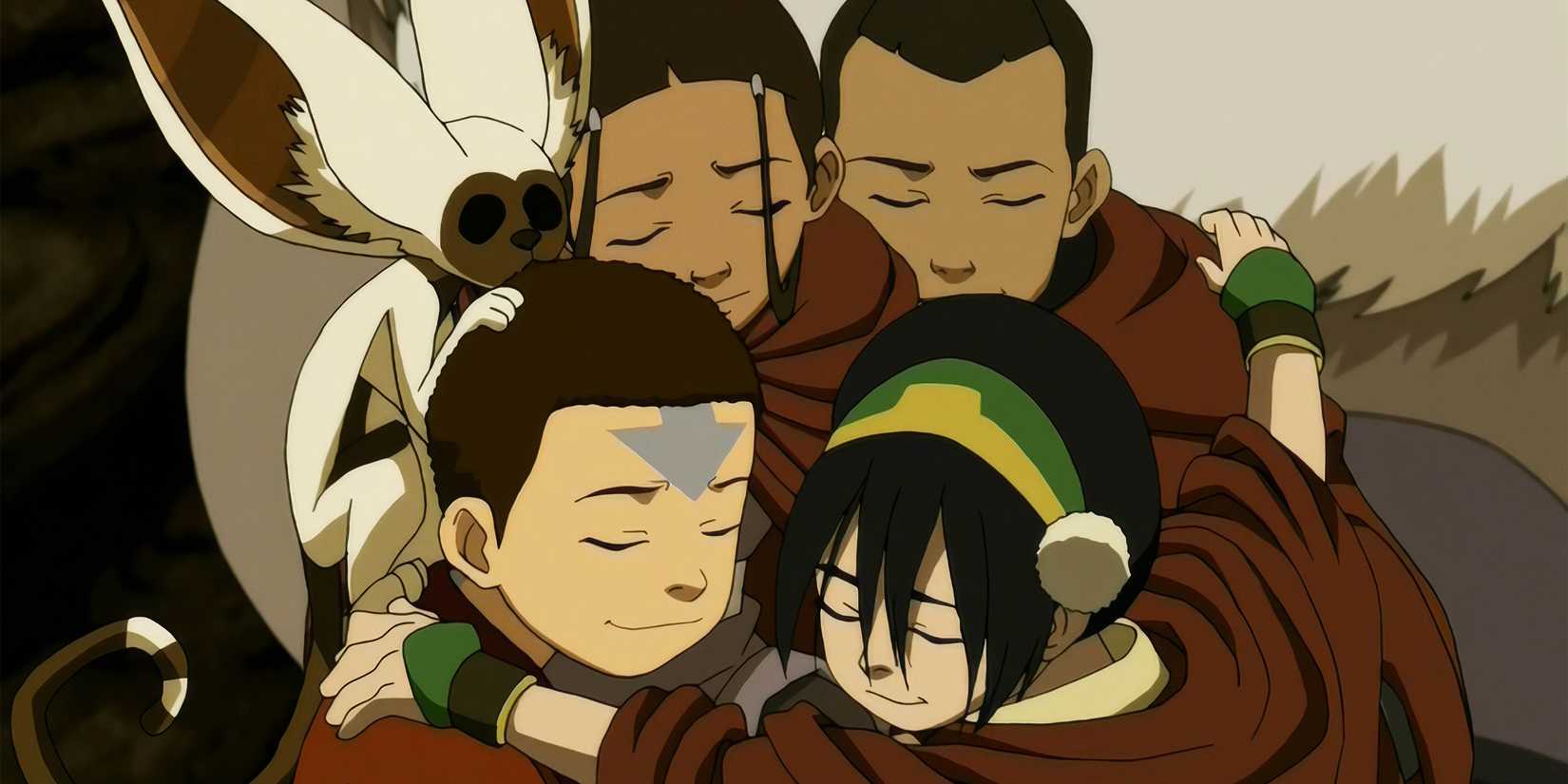 Appa, Momo, Aang, Katara, Sokka, and Toph in Avatar: The Last Airbender