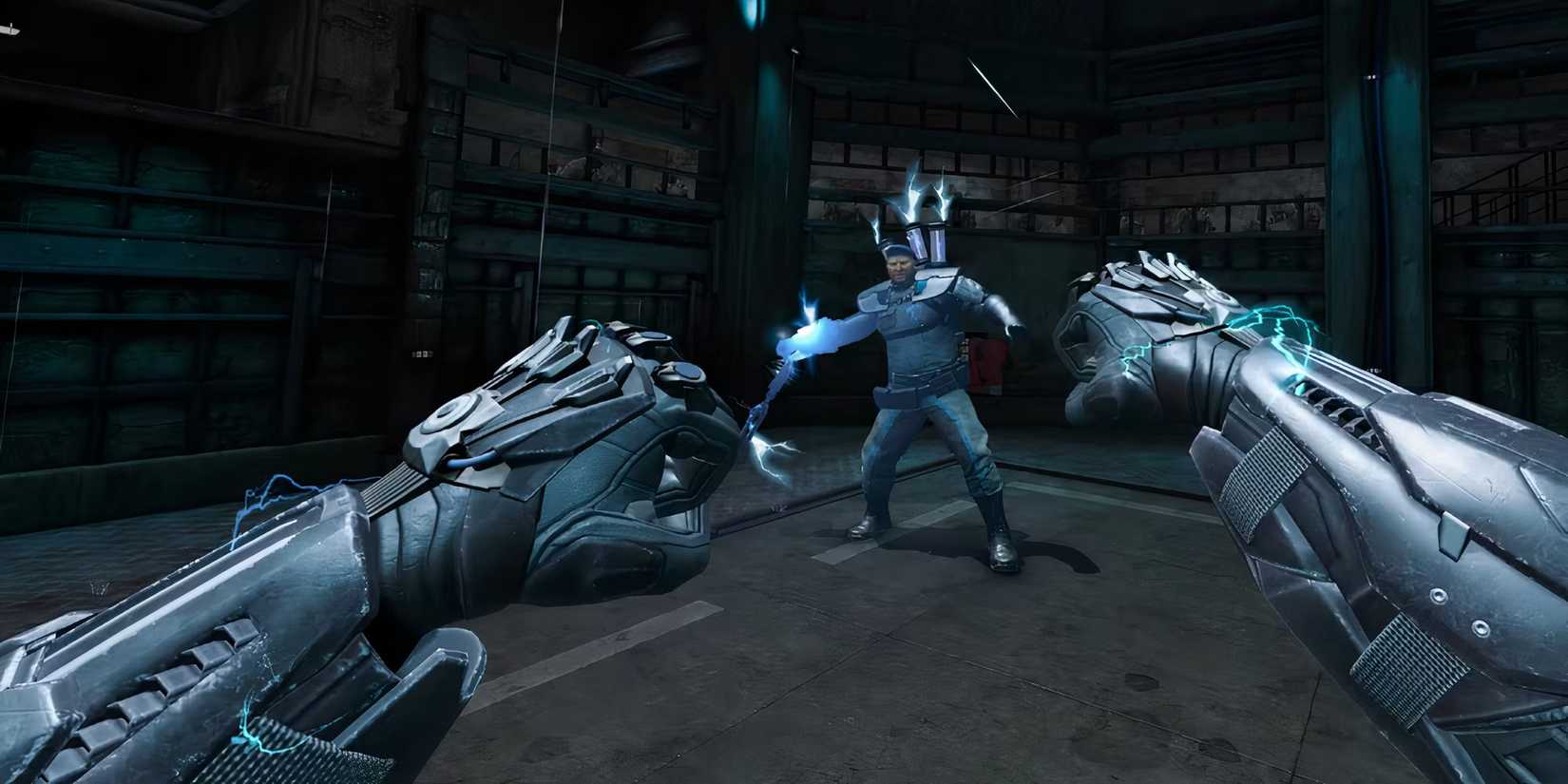 Batman with his hands up for a fight against a criminal in Batman: Arkham Shadow