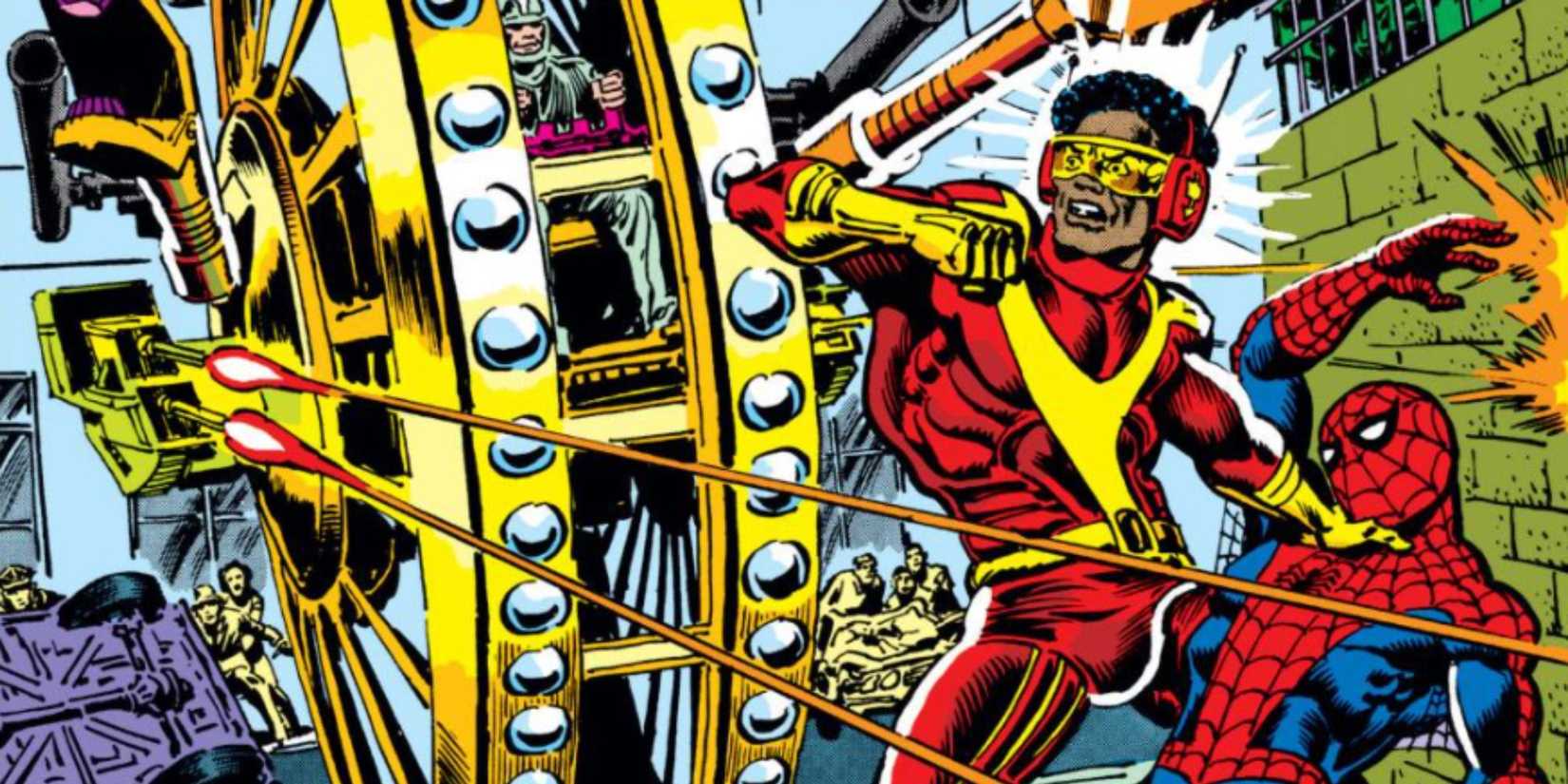 Big Wheel and Rocket Racer fighting Spider-Man in Marvel Comics