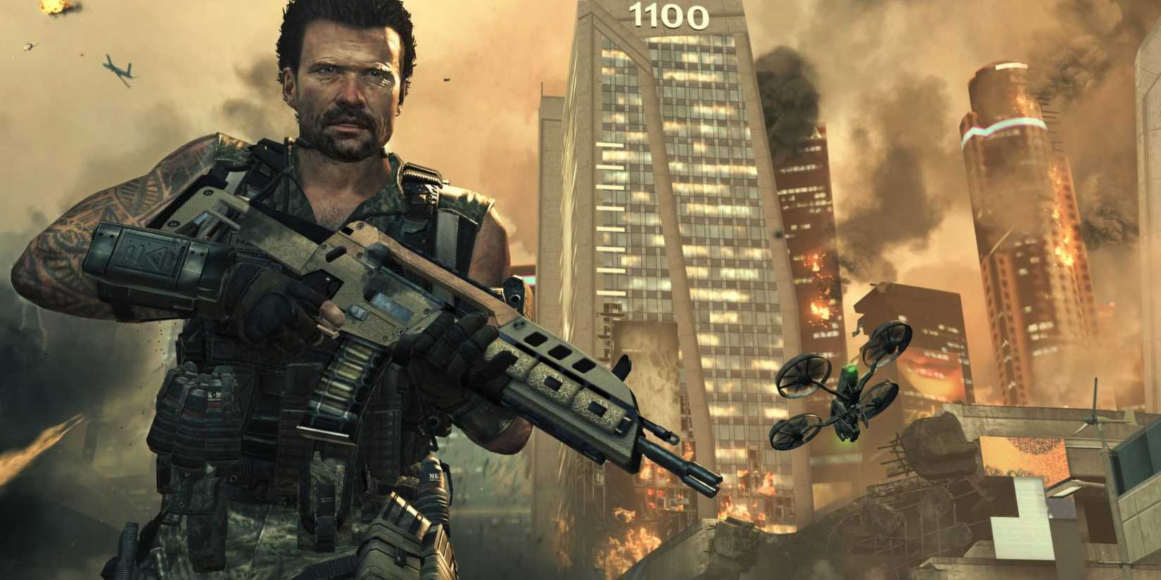 Harper walks through a ruined Los Angeles holding an M8 rifle, with drones flying in the background in 'Call of Duty: Black Ops II'