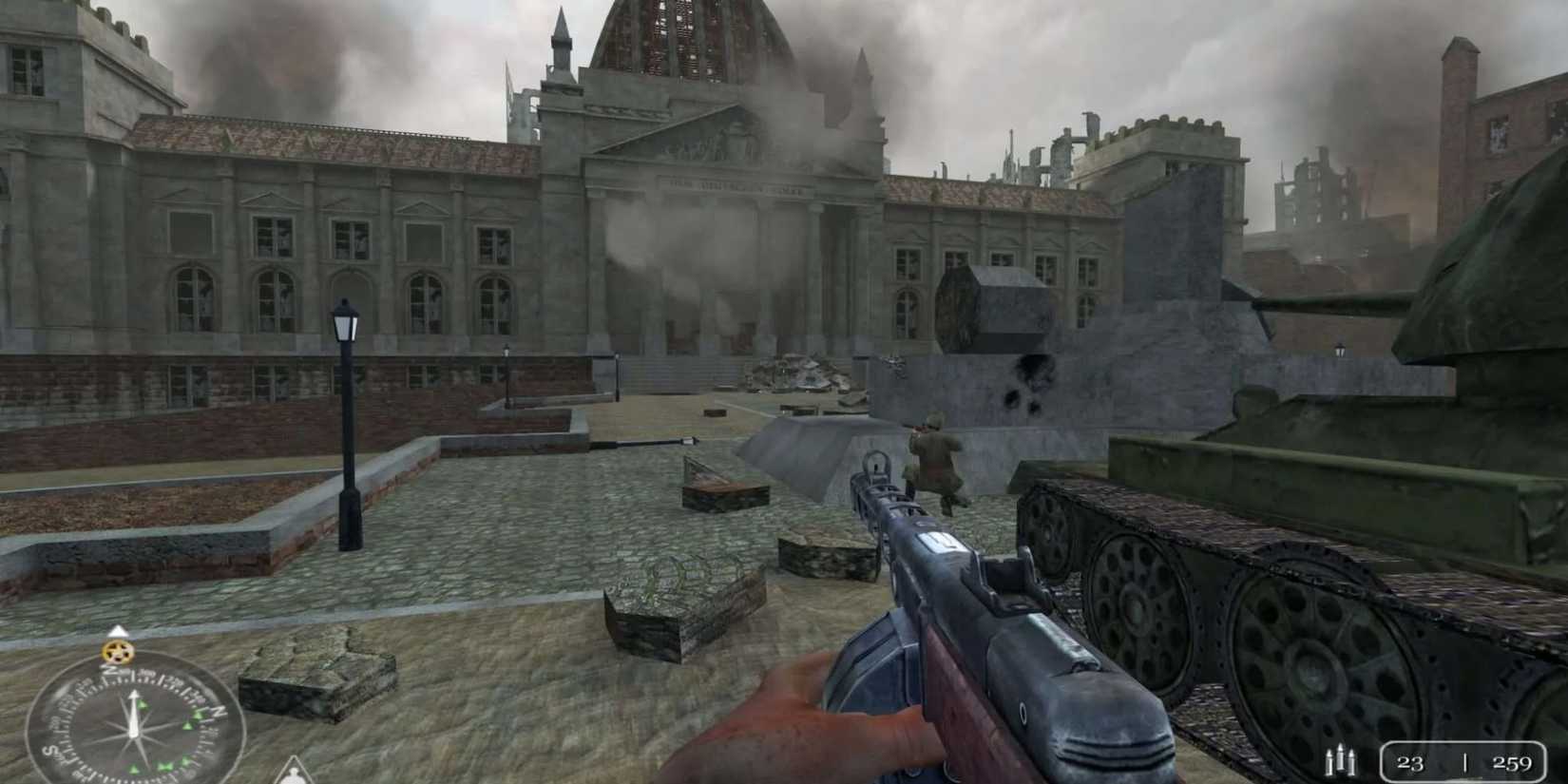 Alexei Voronin walks towards the Reichstag while carrying a PPSH-41 in 'Call of Duty' (2003)