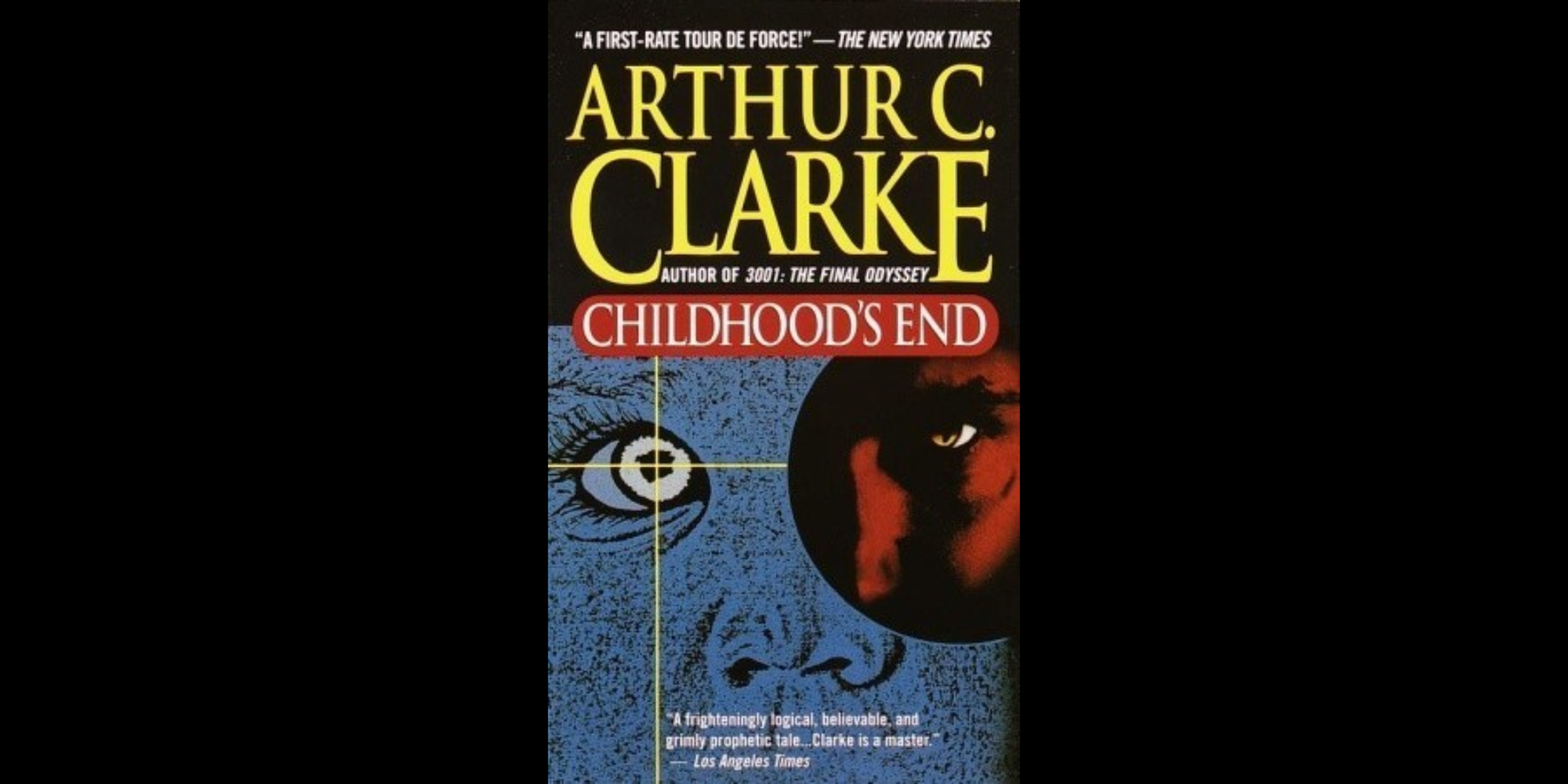 Book cover of Arthur C. Clarke's Childhood's End, featuring a stylized human face with a crosshair over one eye and a shadowed face in a circular frame.