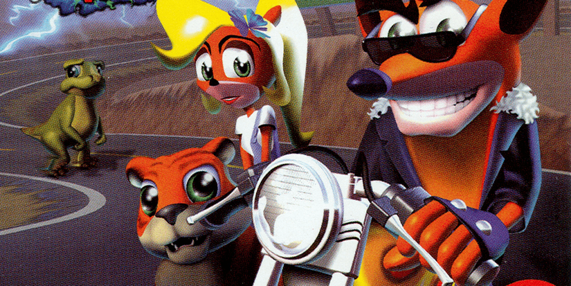 Crash Bandicoot wearing a biker outfit while on a motocrcycle next to Coco Bandicoot riding a tiger in art made for 'Crash Bandicoot: Warped' on PlayStation.