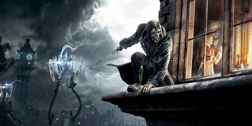 A masked Corvo crouches on a window ledge in Dishonored