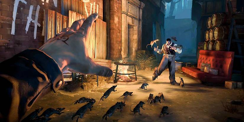 A first-person perspective of Corvo extending his hand and summoning rats to attack an enemy in Dishonored