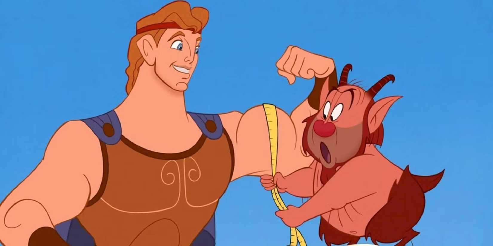 Hercules breaking a metric tape while Phil looks impressed in 'Hercules'