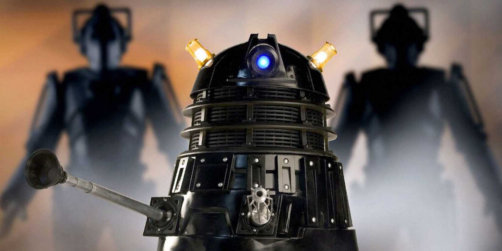 Two Cybermen and a Dalek in the Doctor Who episode "Doomsday."