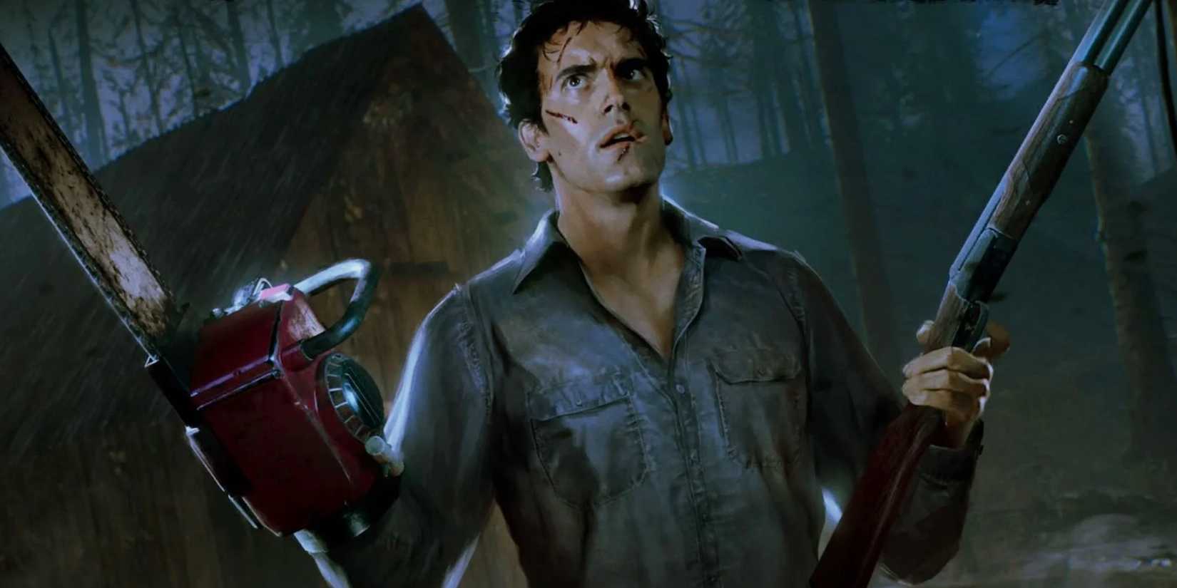  Bruce Campbell as Ash Williams with a shotgun and chainsaw hand from Evil Dead 2 (1987)