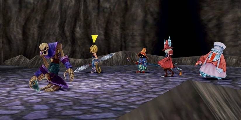 A party of characters fighting a monster in Final Fantasy IX