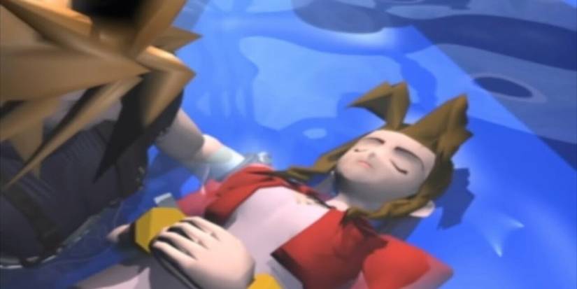 Cloud Strife holding the dead body of Aerith Gainsborough in a body of water in 'Final Fantasy Vii' (1997)