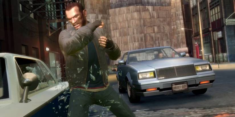 A man breaking a car window in Grand Theft Auto IV