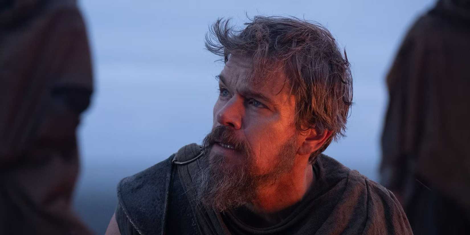 Matt Damon looking to his right in 'The Odyssey'