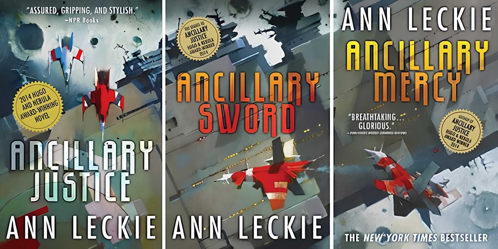 The covers of the three books that make up the Imperial Radch trilogy.