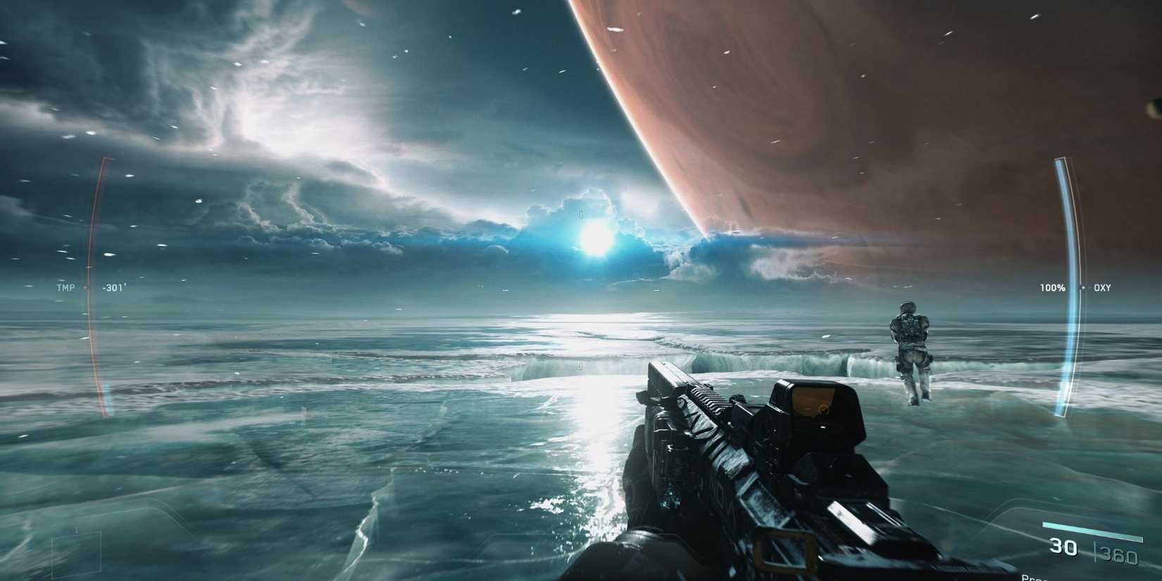 Wolf holds an NV4 rifle on the frozen surface of Europa in 'Call of Duty: Infinite Warfare'
