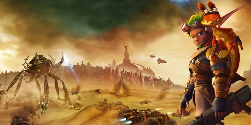 Daxter hanging on Jak's shoulder in the middle of a desert dystopian wasteland in art made for 'Jak 3'