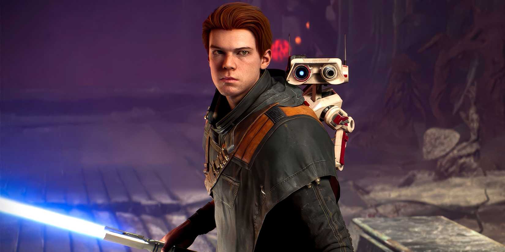 Cal-Kestis with a blue lightsaber and a robot on his back in Star War Jedi-Fallen-Order