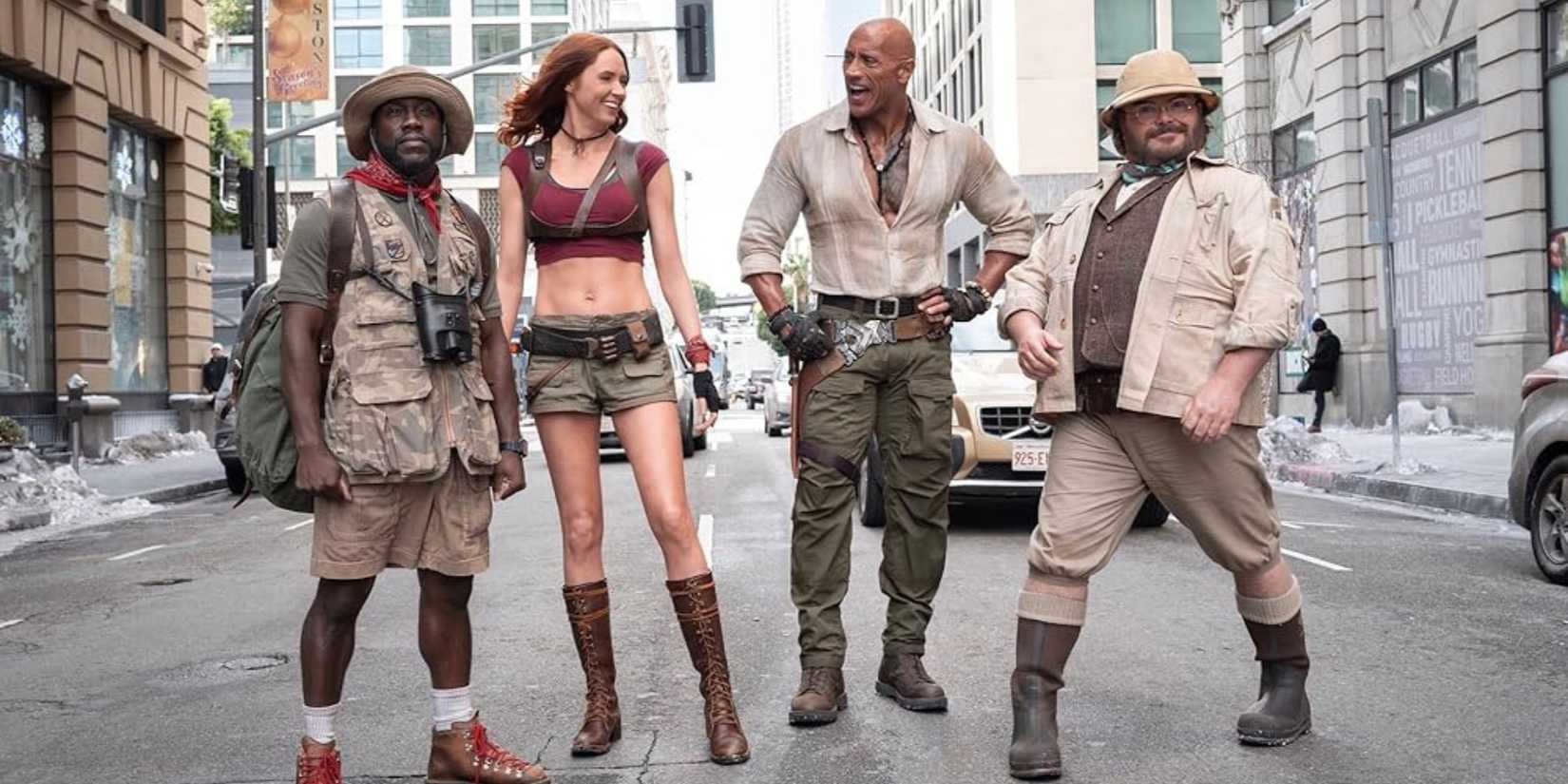 Kevin Hart, Karen Gillan, Dwayne Johnson, and Jack Black behind the scenes in the city shooting 'Jumanji: Open World.'