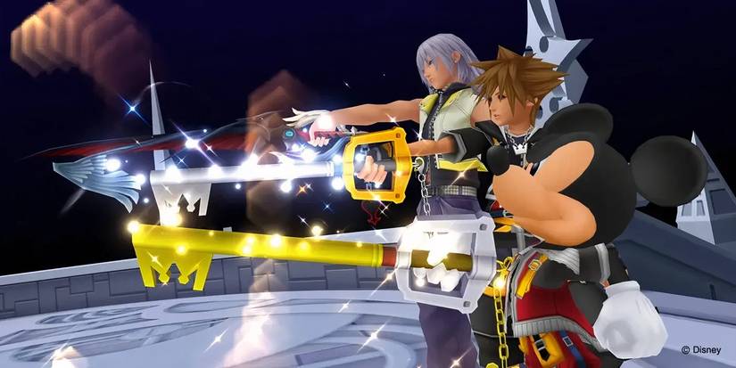 Riku, Sora, and Mickey Mouse all pointing their keyblades to the left in Kingdom Hearts II.
