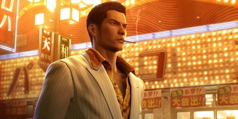 Kazuma Kiryu with a cigarette in his mouth walking down the street in the intro to 'Yakuza 0'