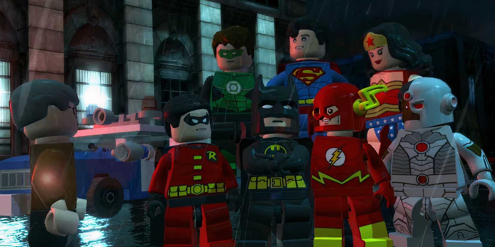 Batman, Robin, and the Justice League standing together in Lego Batman 2: DC Super Heroes