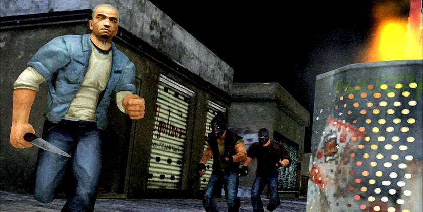 A man running away from three muggers in Manhunt