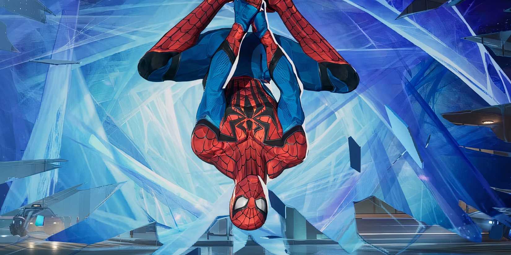 Spider-Man hanging upside down on a web in Marvel Rivals