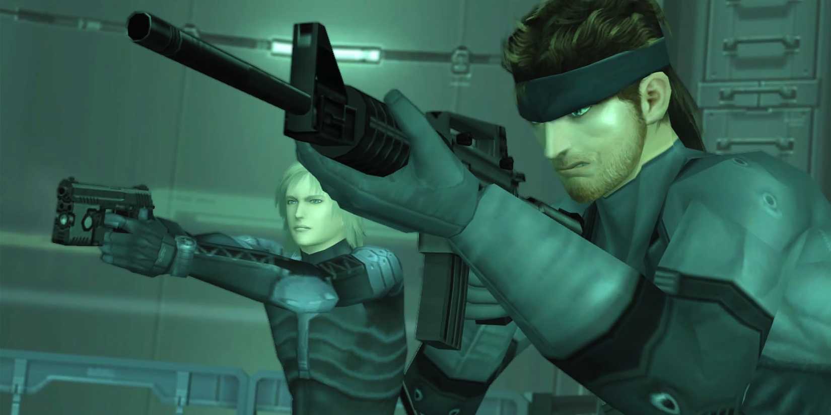 Solid Snake and Raiden both aiming firearms off-screen in 'Metal Gear Solid 2: Sons of Liberty'