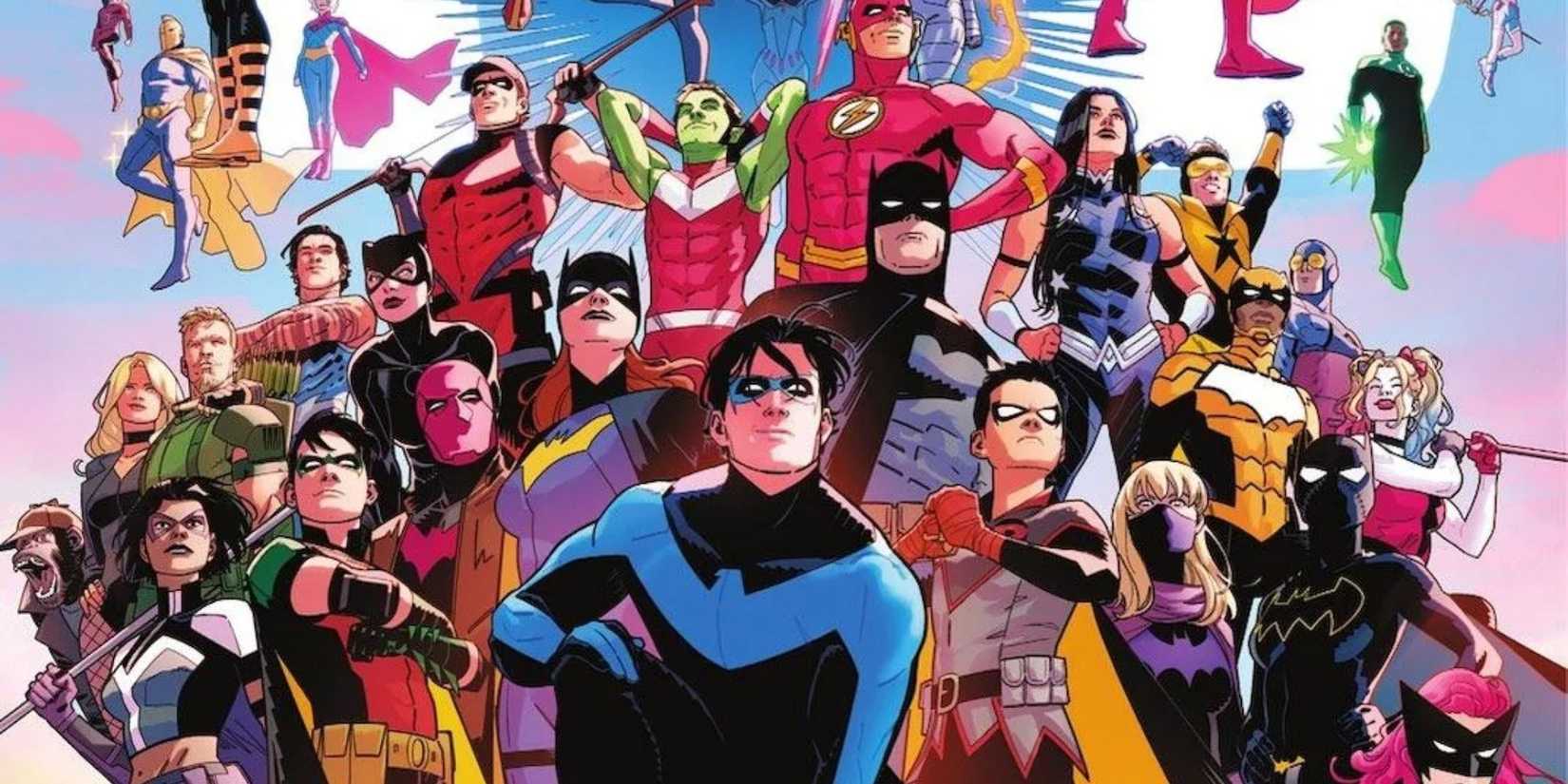 Nightwing with many heroes behind him on the cover of his 100th-issue