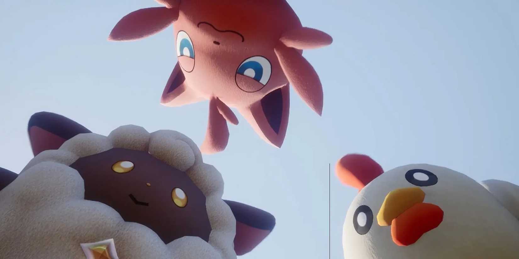 Three smiling creatures looking down in Palworld