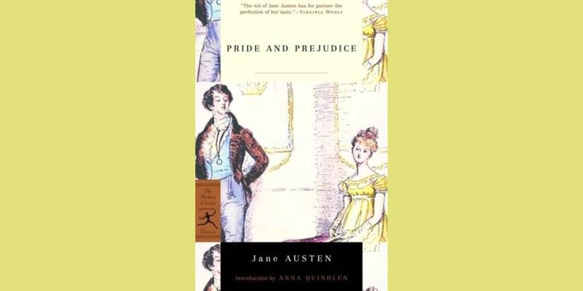 The book cover for Pride and Prejudice by Jane Austen over a yellow background