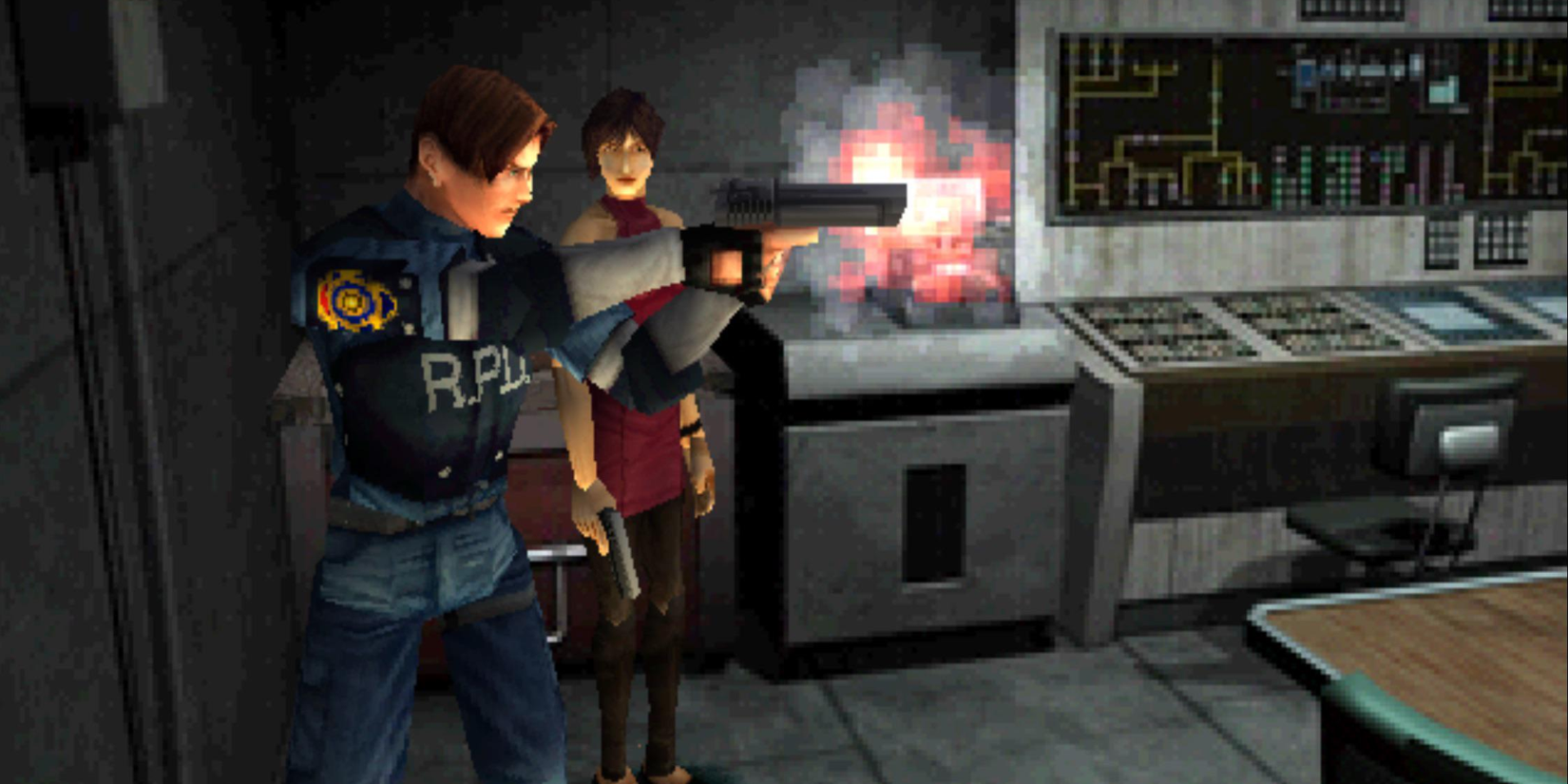 Leon Kennedy firing a pistol at something offscreen next to Ada Wong in 'Resident Evil 2' for the Playstation 1'