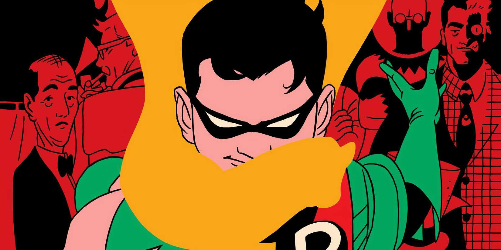 Robin smirking in front of the Batman supporting cast in Robin: Year One