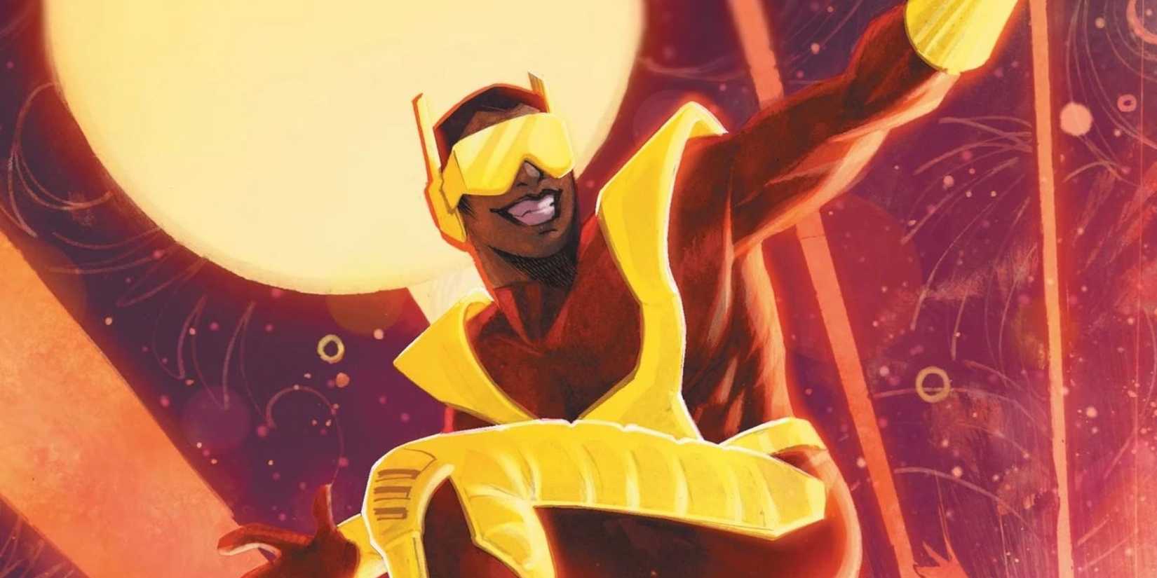 Rocket Racer speeding on an orange background in Marvel Comics