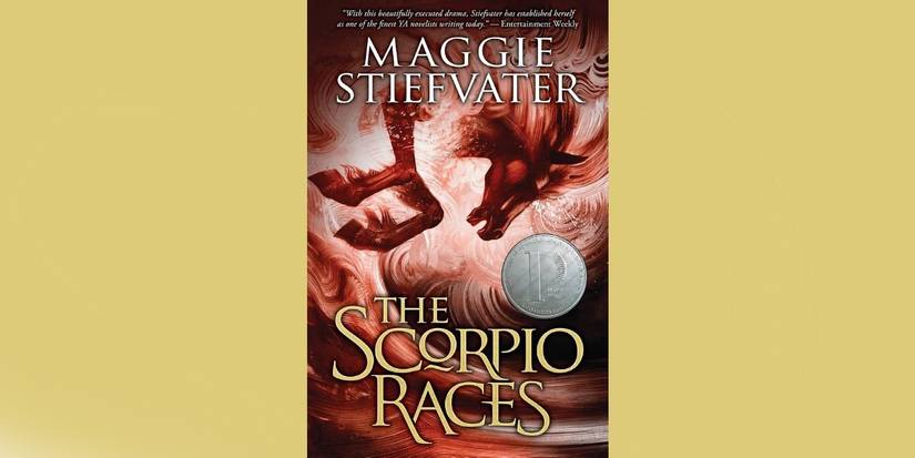 The book cover for The Scorpio Races by Maggie Stiefvater over a yellow background