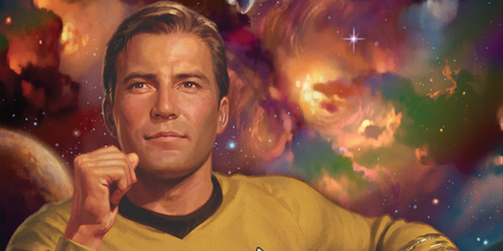 A close up of Captain Kirk's upcoming Magic: The Gathering Card.