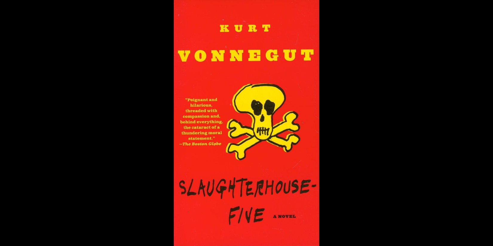 Book cover of Kurt Vonnegut's Slaughterhouse-Five, featuring a bright red background with a yellow skull-and-crossbones illustration.