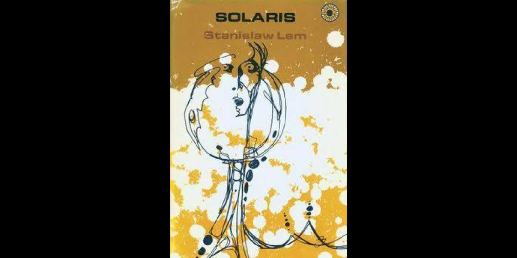 Book cover of Stanisław Lem's Solaris, illustrated with an abstract line drawing of a human face emerging from flowing organic shapes against a yellow and white background.
