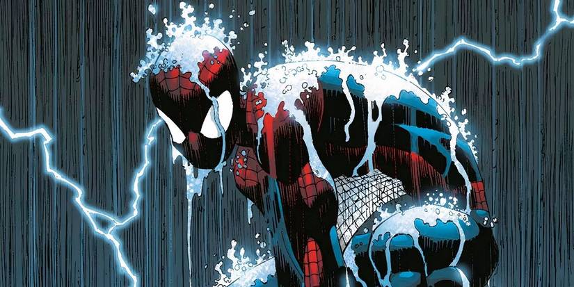 Spider-Man crouched in the rain in Marvel Comics