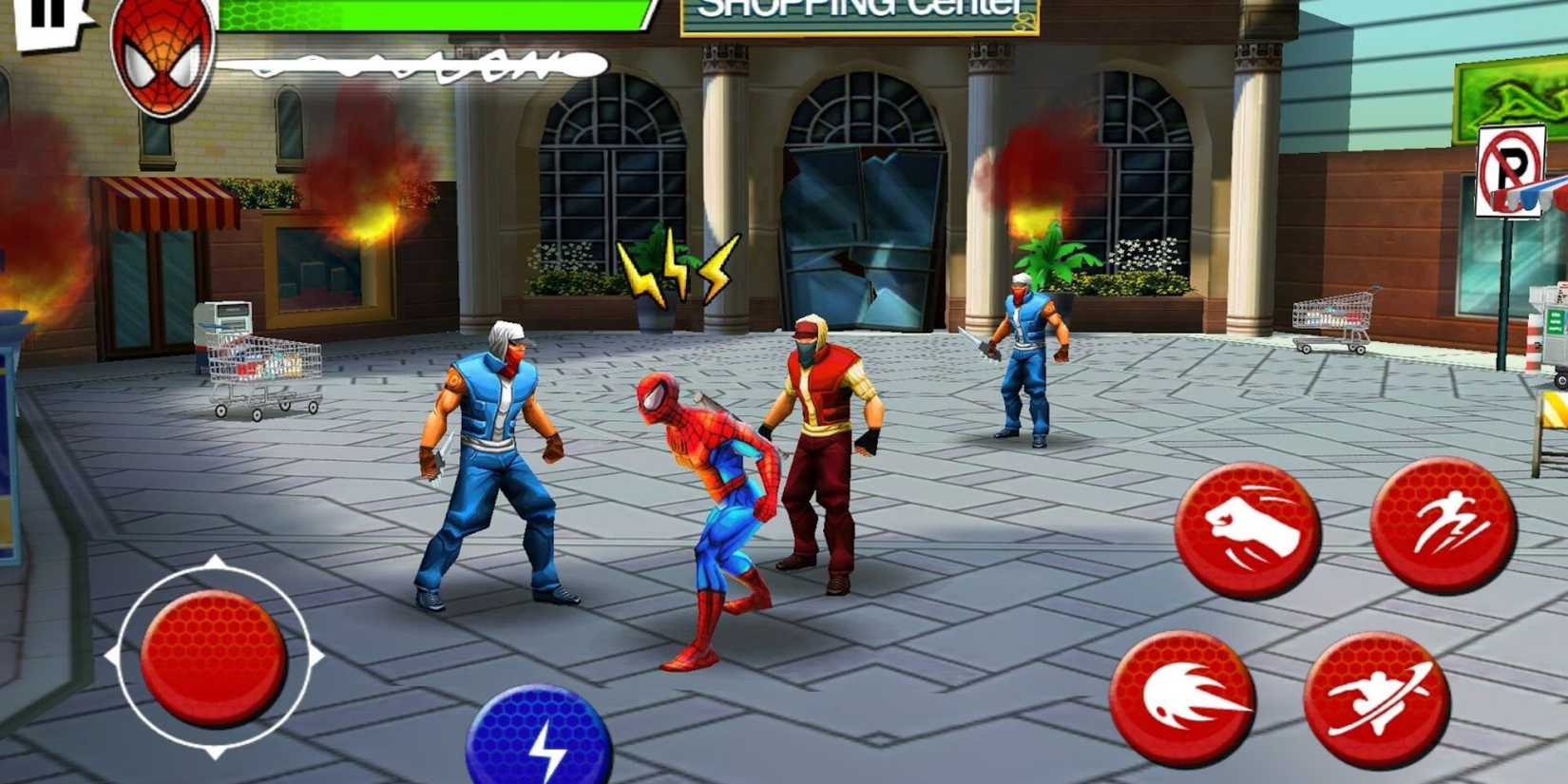 Spider-Man standing surrounded by criminals in Ultimate Spider-Man: Total Mayhem