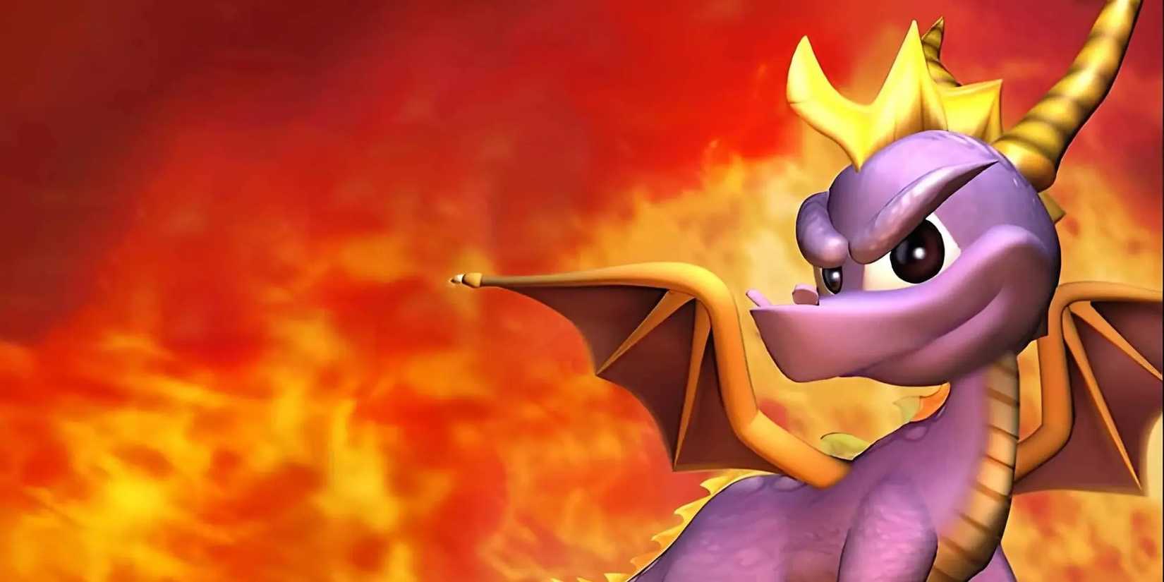 Spyro the Dragon with a smirk on his face in front of a background of fire in art made for 'Spyro 2: Ripto's Rage'