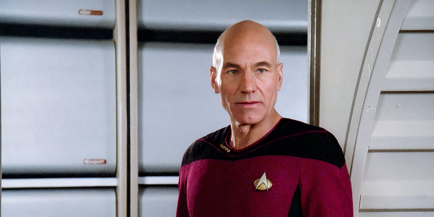 Picard standing near an open doorway with a firm but thoughtful expression in Star Trek: The Next Generation