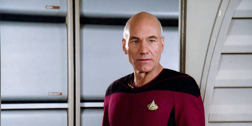 Picard standing near an open doorway with a firm but thoughtful expression in Star Trek: The Next Generation