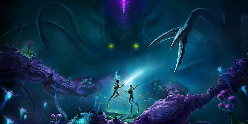 Divers facing a giant octopus in Subnautica 2