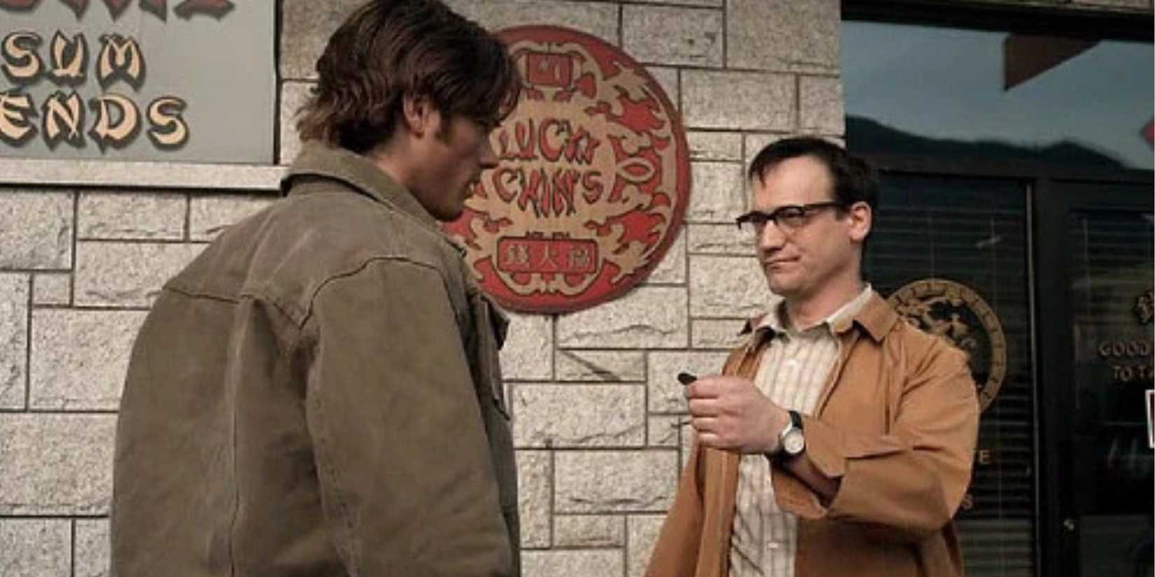Jared Padalecki as Sam Winchester and Ted Raimi as Wesley Mondale in the 'Supernatural' episode "Wishful Thinking."
