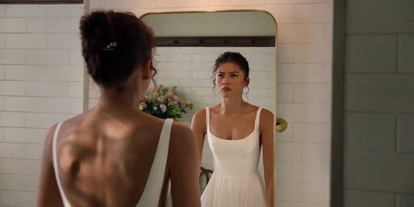 Emma Harwood (Zendaya) looking at herself in her wedding dress in 'The Drama'