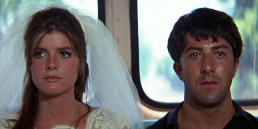 Elaine Robinson (Katharine Ross) and Benjamin Braddock (Dustin Hoffman) at the end of 'The Graduate'